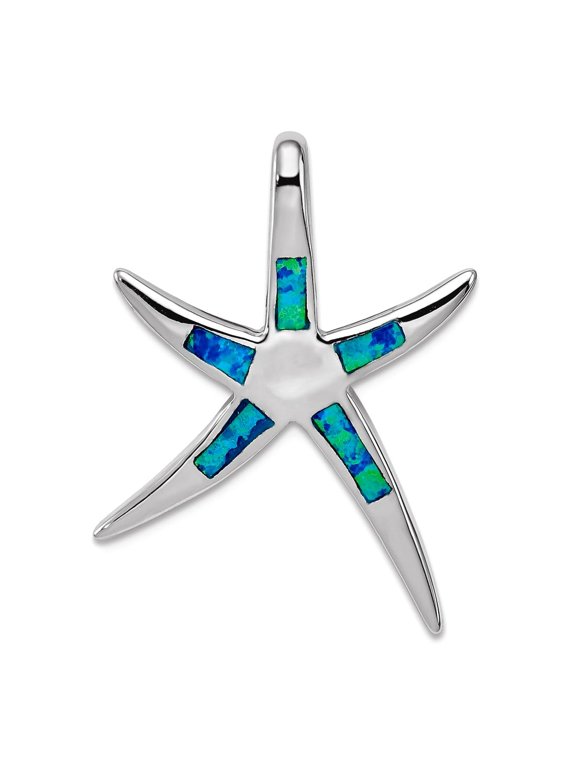 925 Sterling Silver Polished Hidden bail Simulated Blue Simulated Opal Inlay Flat Sea shell Nautical Starfish Pendant Ne