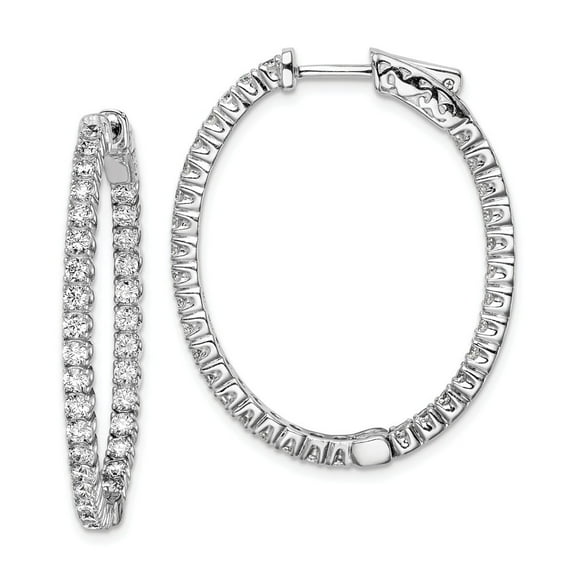 Sterling Silver Rhodium Plated With Cubic Zirconia Hinged Oval Hoop Earrings - Measures 33x27mm Wide