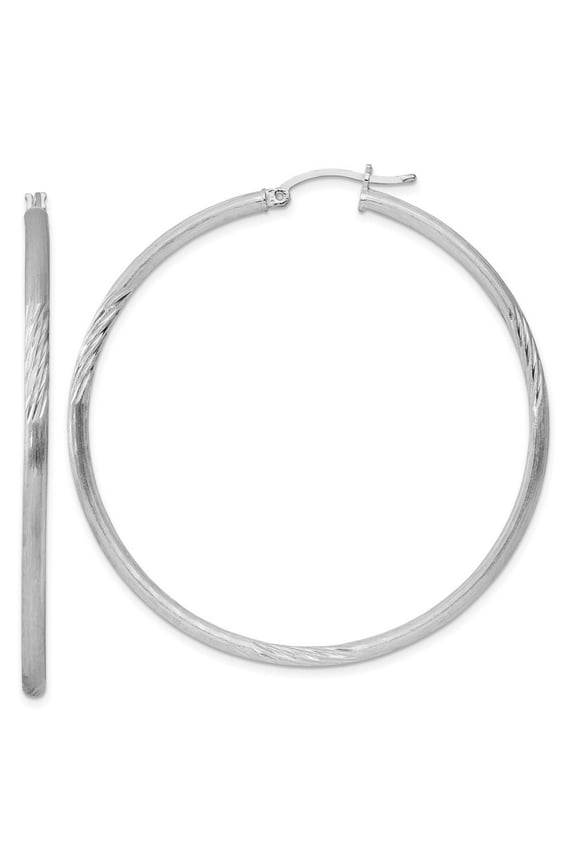 925 Sterling Silver Polished Hollow tube Hinged post 2.5mm Satin and Sparkle Cut Hoop Earrings Measures 57x55mm Wide 2.5