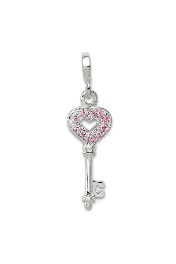925 Sterling Silver Polished Key with Pink Cubic Zirconia Love Heart Enhancer Charm 25x7mm Wide Pendant Necklace for Wom
