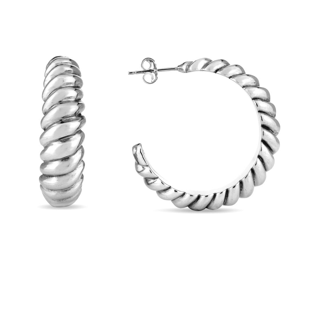 925 Sterling Silver Polished Large Ribbed Hoops Earrings With Push Back Clasp Rhodium Plated Hoop Earring for Women