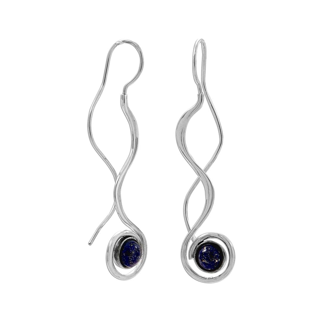 925 Sterling Silver Polished Long Wavy Threader Earrings With Lapis Shiny Wire Stud Earring for Women