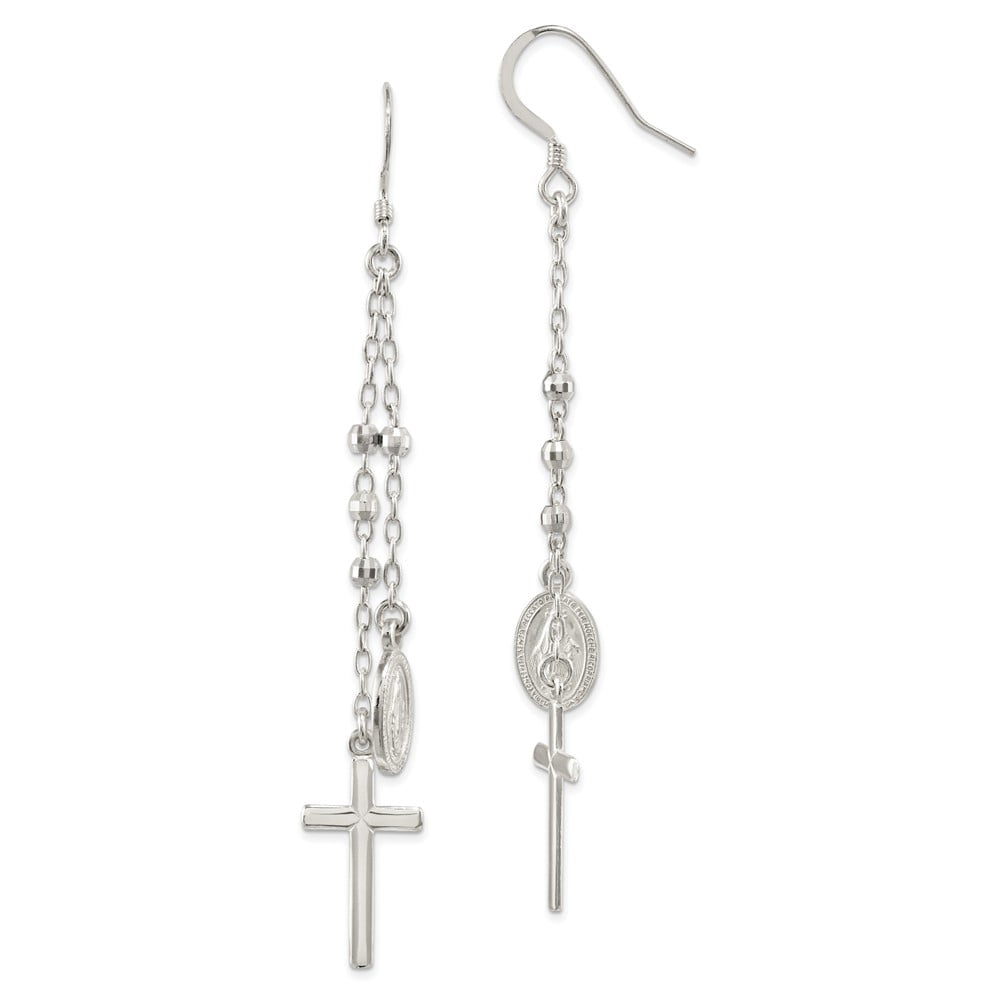 925 Sterling Silver Polished Miraculous Medal / Cross Hook Earrings; for Adults and Teens; for Women and Men