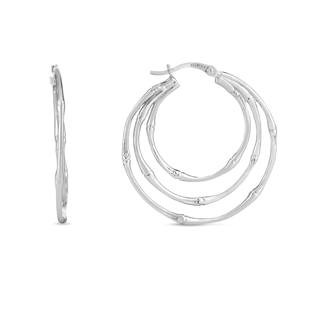 925 Sterling Silver Polished Multi Row Bamboo Hook Earrings With Hinged Clasp Rhodium Plated Stud Earring for Women