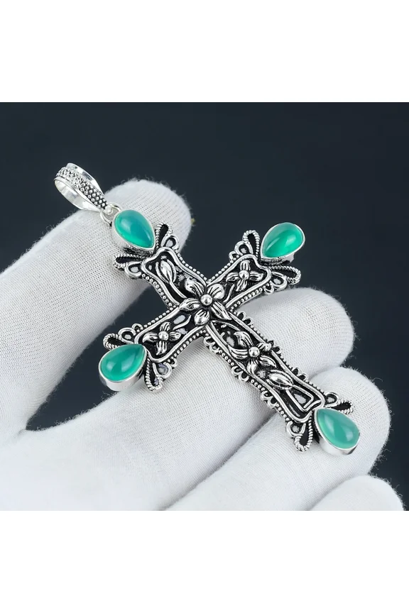 925 Sterling Silver Polished Natural Green Onyx Gemstone Handmade Jewelry Cross Pendant