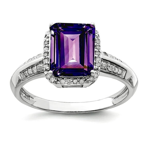 925 Sterling Silver Polished Octagonal Amethyst and Diamond Ring Size 7 2mm Wide Ring for Women