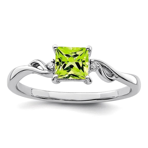 925 Sterling Silver Polished Rhodium Plated Diamond and Peridot Square Ring Size 8 2mm Wide Ring for Women