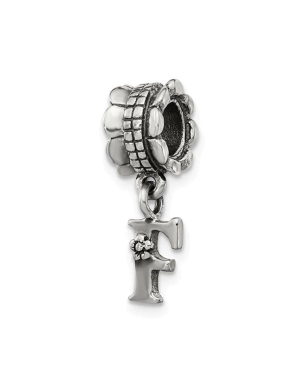 925 Sterling Silver Polished Oxidized Reflections Letter Name Personalized Monogram Initial F Dangle Bead Charm 18.18x5.