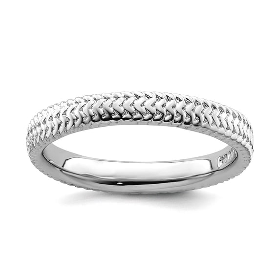 925 Sterling Silver Polished Patterned Stackable Rhodium Ring Size 8 Stackable Ring for Women