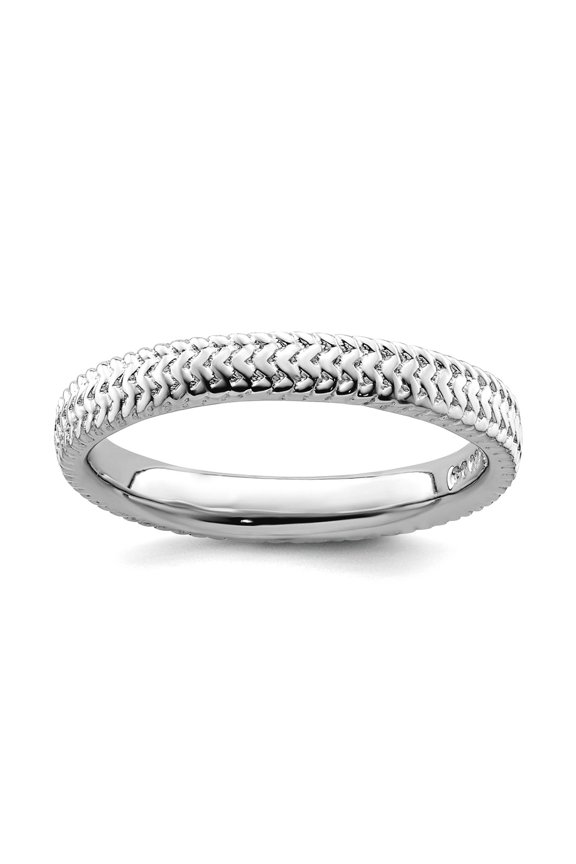 925 Sterling Silver Polished Patterned Stackable Rhodium Ring Size 8 Stackable Ring for Women