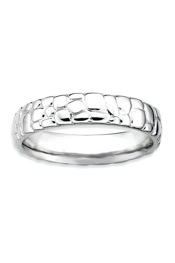 925 Sterling Silver Polished Patterned Stackable Rhodium Ring Size 7 Stackable Ring for Women