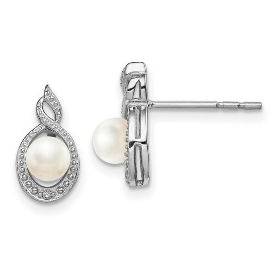 925 Sterling Silver Polished Post Freshwater Cultured Pearl and Diamond Earrings Measures 13x7mm Wide - Earring for Wome