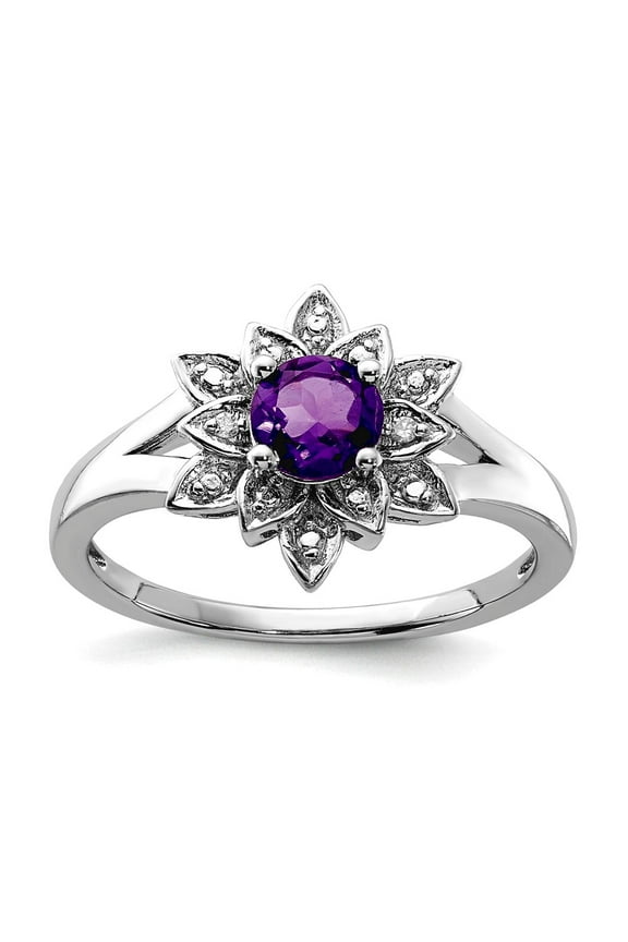925 Sterling Silver Polished Prong set Diamond and Amethyst Ring Size 6 2mm Wide Ring for Women