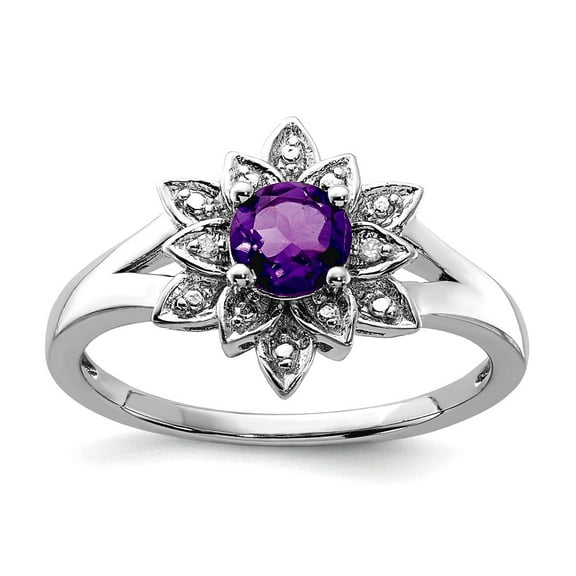 925 Sterling Silver Polished Prong set Diamond and Amethyst Ring Size 6 2mm Wide Ring for Women