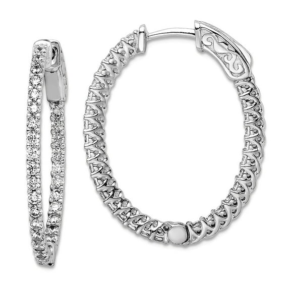 925 Sterling Silver Polished Prong set Hinged hoop Safety clasp Rhodium Plated With Cubic Zirconia Hinged Oval Hoop Earr