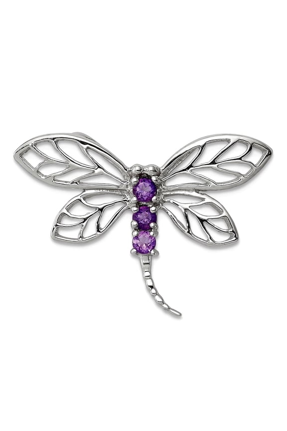 925 Sterling Silver Polished Prong set Rhodium Amethyst Dragonfly Pendant Necklace 18x27mm Wide Pendant for Women