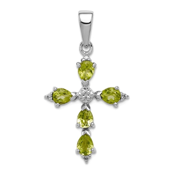 925 Sterling Silver Polished Prong set Rhodium Pear Peridot Religious Faith Cross Pendant Necklace 26x16mm Wide Pendant