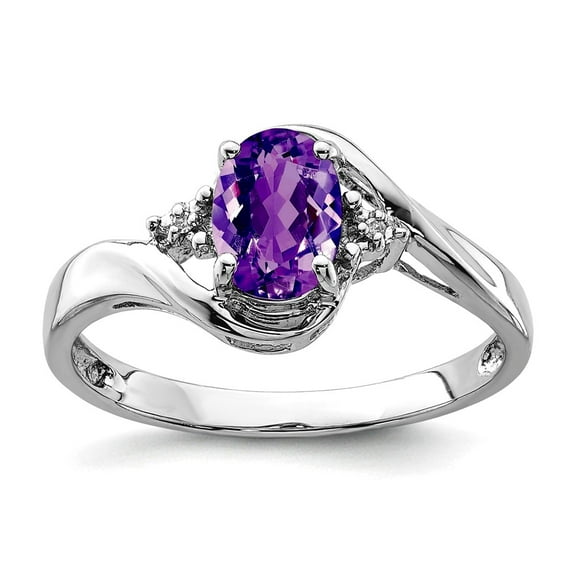 925 Sterling Silver Polished Prong set Rhodium Plated Diamond and Amethyst Oval Ring Size 8 2mm Wide Ring for Women