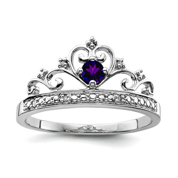 925 Sterling Silver Polished Prong set Rhodium Plated Diamond and Amethyst Ring Size 6 2mm Wide Ring for Women