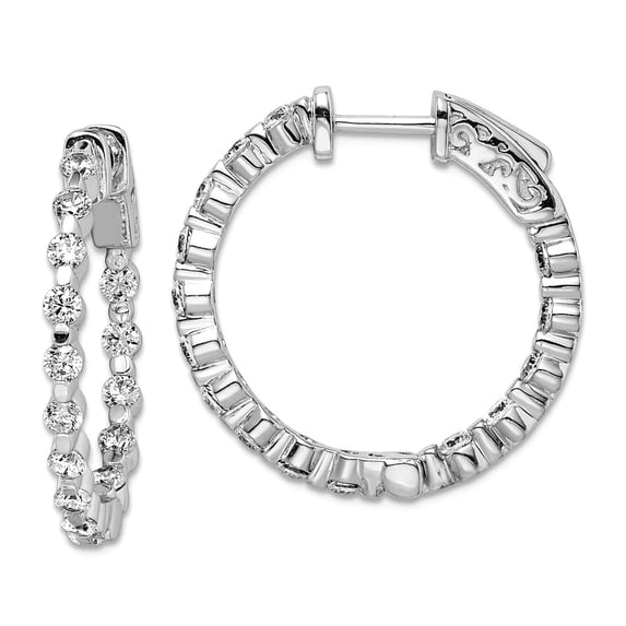 925 Sterling Silver Polished Prong set Safety clasp Rhodium Plated With Cubic Zirconia Hinged Hoop Earrings 24x24mm Wide