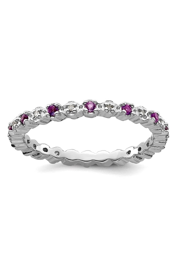 925 Sterling Silver Polished Prong set Stackable Amethyst and Diamond Ring Size 9 Stackable Ring for Women