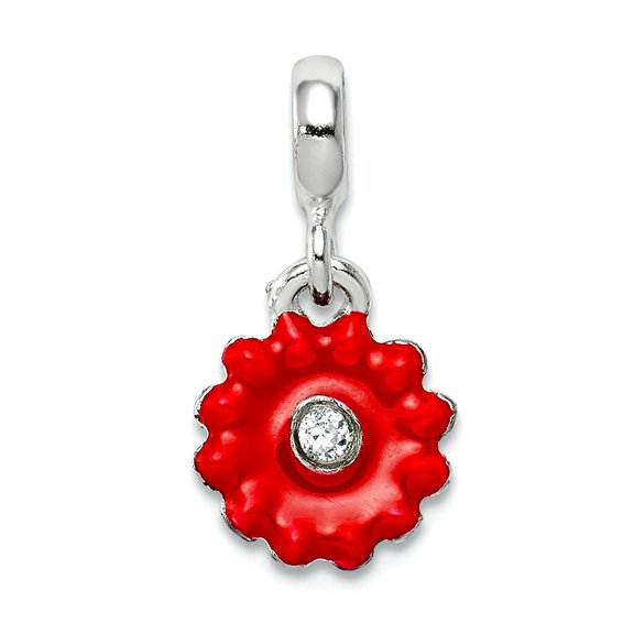 925 Sterling Silver Polished Red Enameled Flower With Cubic Zirconia Enhancer Charm 16x8mm Wide Pendant Necklace for Wom