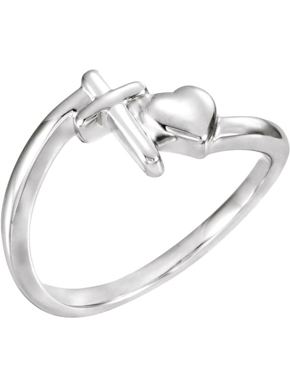 925 Sterling Silver Polished Religious Faith Cross/Love Heart Chastity Ring Size 7 Ring for Women