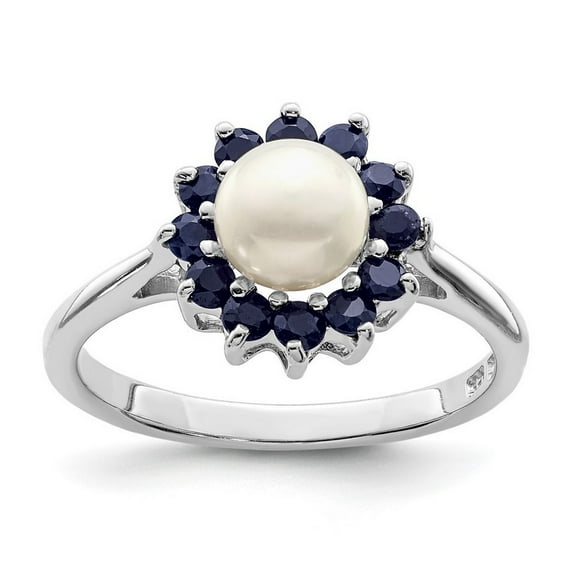 925 Sterling Silver Polished Rhodium 6mm Freshwater Cultured Cult Button Pearl and Sapphire Ring Size 8 - Ring for Women