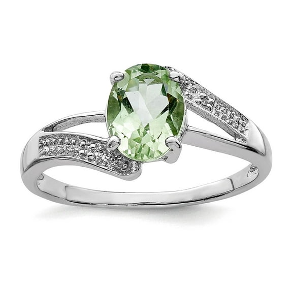 925 Sterling Silver Polished Rhodium Green Amethyst and Diamond Ring Size 7 2mm Wide Ring for Women