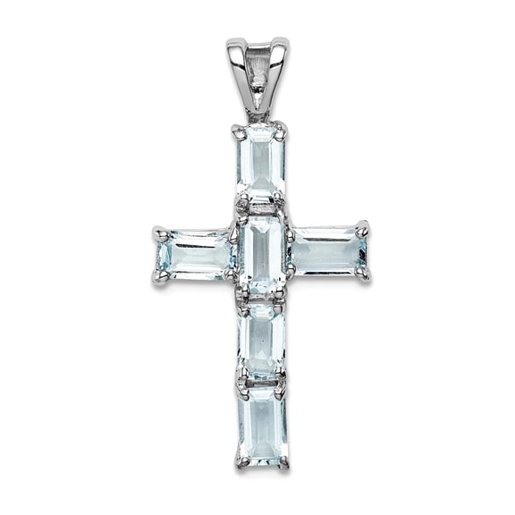 925 Sterling Silver Polished Rhodium Plated Aquamarine Religious Faith Cross Pendant Necklace 14.3mm Wide Pendant for Wo