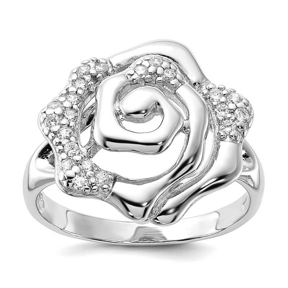 925 Sterling Silver Polished Rhodium Plated Cubic Zirconia Rose Ring Size 7 16.5mm Wide Ring for Women