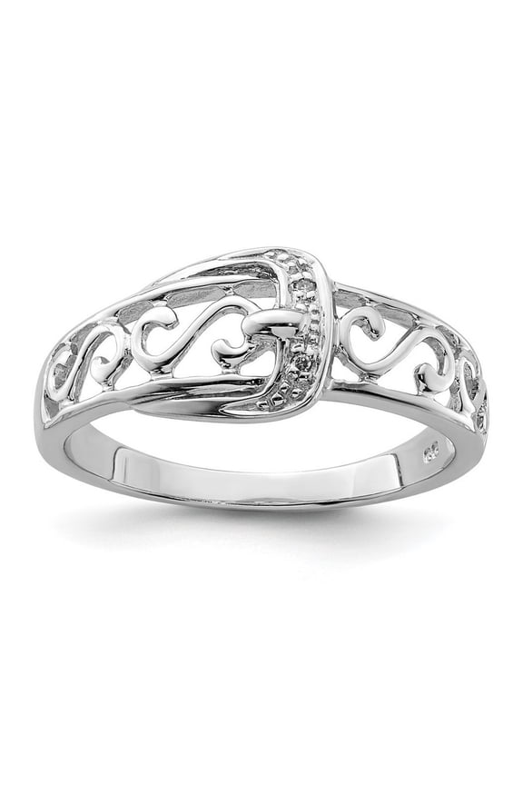 925 Sterling Silver Polished Rhodium Plated Diamond Buckle Ring Size 8 - .010 dwt - Ring for Women
