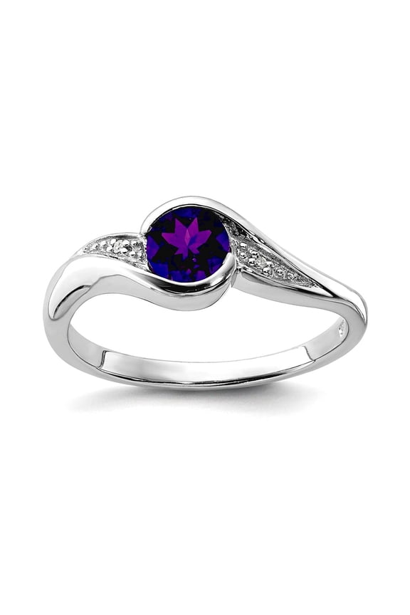 925 Sterling Silver Polished Rhodium Plated Diamond and Amethyst Round Ring Size 7 2mm Wide Ring for Women