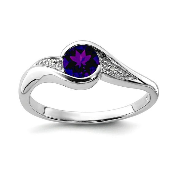 925 Sterling Silver Polished Rhodium Plated Diamond and Amethyst Round Ring Size 7 2mm Wide Ring for Women
