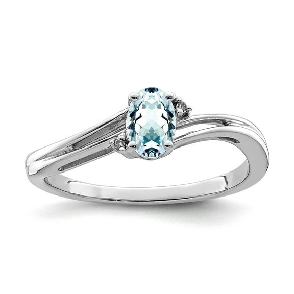 925 Sterling Silver Polished Rhodium Plated Diamond and Aquamarine Oval Ring Size 8 2mm Wide Ring for Women