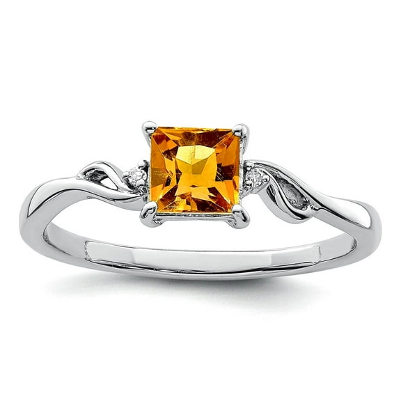 925 Sterling Silver Polished Rhodium Plated Diamond and Citrine Square Ring Size 7 2mm Wide Ring for Women