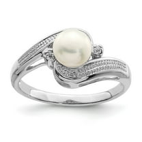 925 Sterling Silver Polished Rhodium Plated Diamond and Freshwater Cultured Pearl Ring Size 8 - Ring for Women