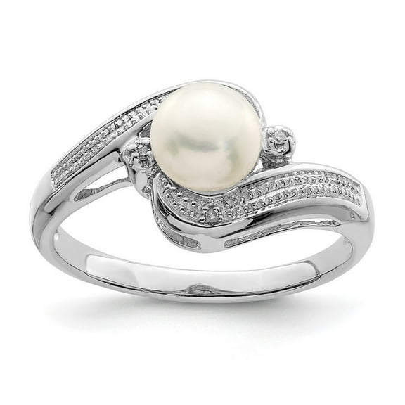 925 Sterling Silver Polished Rhodium Plated Diamond and Freshwater Cultured Pearl Ring Size 8 - Ring for Women