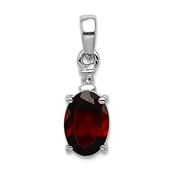 925 Sterling Silver Polished Rhodium Plated Diamond and Garnet Oval Pendant Necklace 15x5mm Wide Pendant for Women