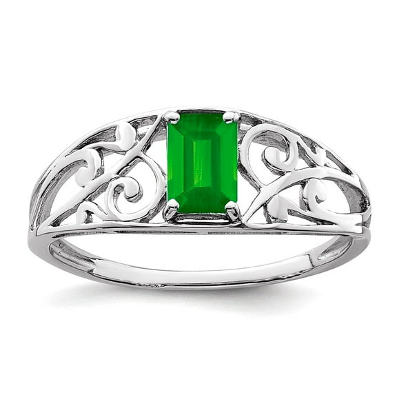 925 Sterling Silver Polished Rhodium Plated Emerald Ring Size 7 2mm Wide Ring for Women - .43 cwt