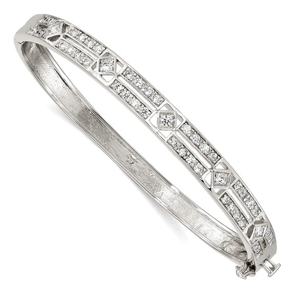 925 Sterling Silver Polished Safety bar Box Catch Closure Cubic Zirconia Hinged Bangle Bracelet 6mm Wide Cuff Bracelet f