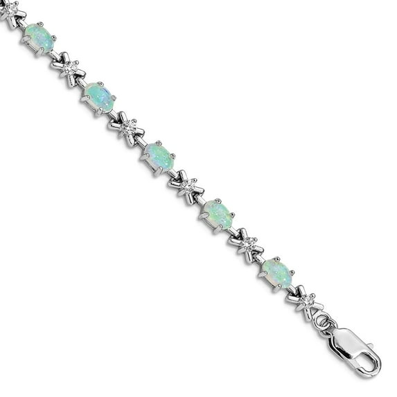 925 Sterling Silver Polished Safety bar Box Catch Closure White Simulated Opal and Cubic Zirconia Bracelet 7 Inch Lobste