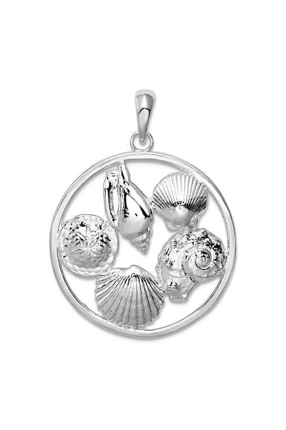 925 Sterling Silver Polished Shells Round Pendant Necklace 32.3mm long Pendant for Women - 2.3 Grams