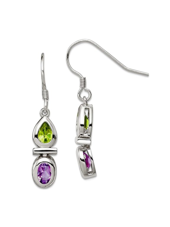 925 Sterling Silver Polished Shepherd hook Peridot and Amethyst Long Drop Dangle Earrings 37x6mm Wide Dangle Earring for