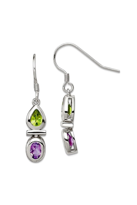 925 Sterling Silver Polished Shepherd hook Peridot and Amethyst Long Drop Dangle Earrings 37x6mm Wide Dangle Earring for