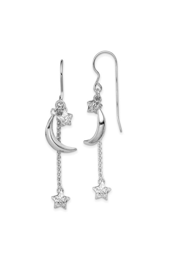 925 Sterling Silver Polished Shepherd hook Rhodium Plated Sparkle Cut Puff Stars and Celestial Moons Earrings Measures 4