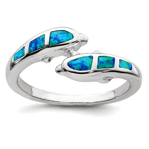 925 Sterling Silver Polished Simulated Blue Simulated Opal Dolphins Ring Size 8 1.5mm Wide Ring for Women