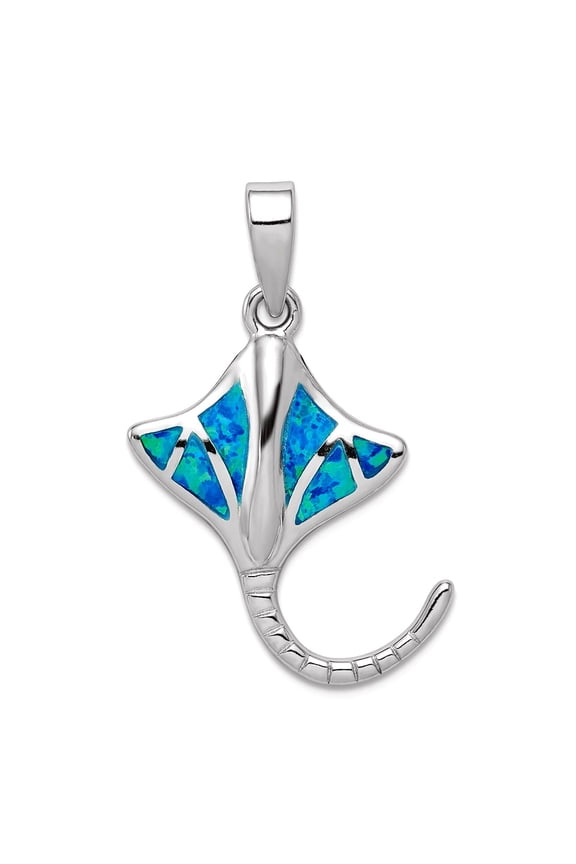 925 Sterling Silver Polished Simulated Blue Simulated Opal Manta Ray Pendant Necklace 31x17mm Wide Pendant for Women