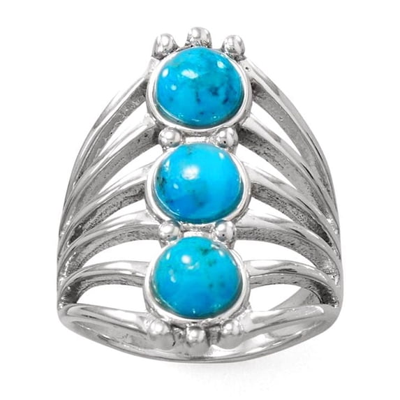 925 Sterling Silver Polished Six Line Simulated Turquoise Ring Shiny 6mm Round Cabochons Bead Accent Ring for Women
