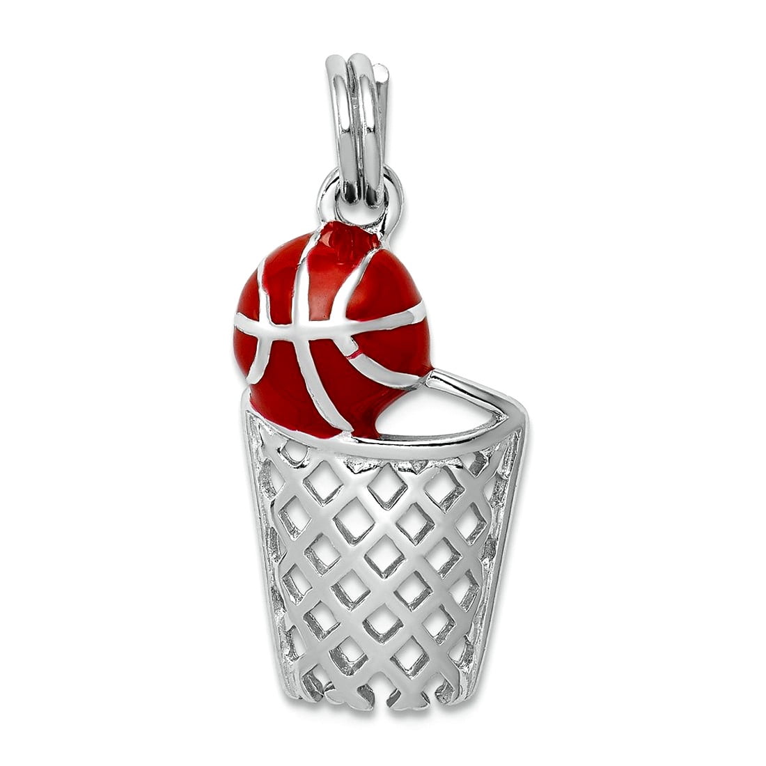 925 Sterling Silver Polished Split Ring Enamel Basketball and Hoop Charm 21x12mm Wide Pendant Necklace for Women
